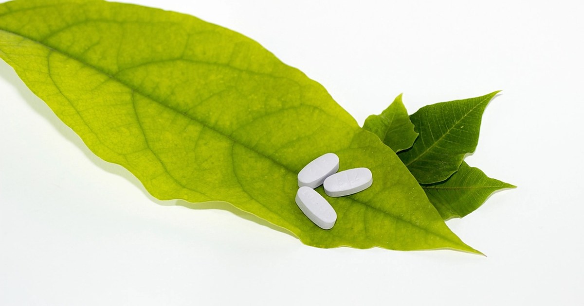 Three white tablets resting on a large green leaf against a white background
