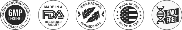 Prostadine certification seals: GMP Certified, Made in an FDA Registered Facility, 100% Natural Ingredients, Made in USA and GMO Free