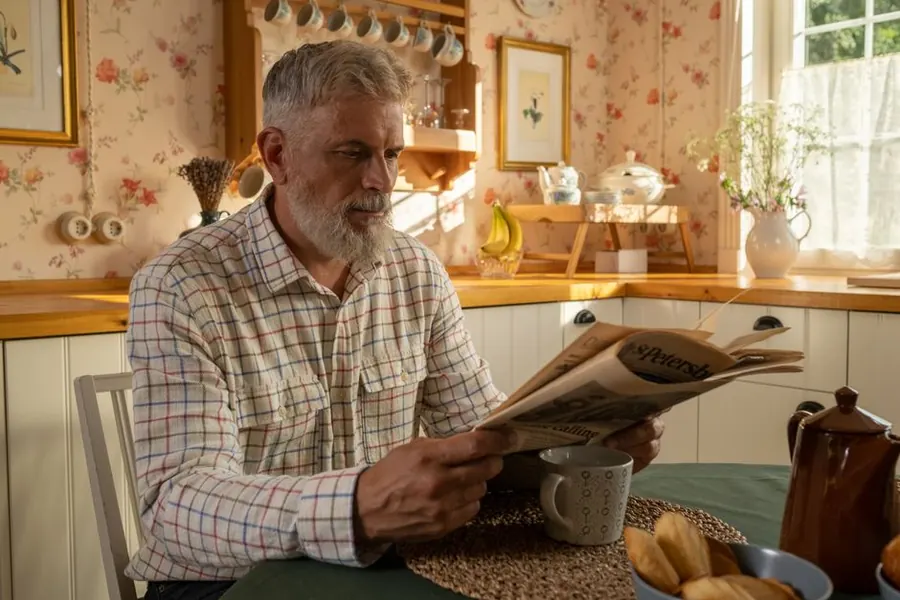 Older man having coffee in a kitchen in the morning, the routine most men attach a daily supplement to