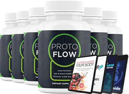 Six ProtoFlow capsule bottles next to four tablet screens showing ebook covers