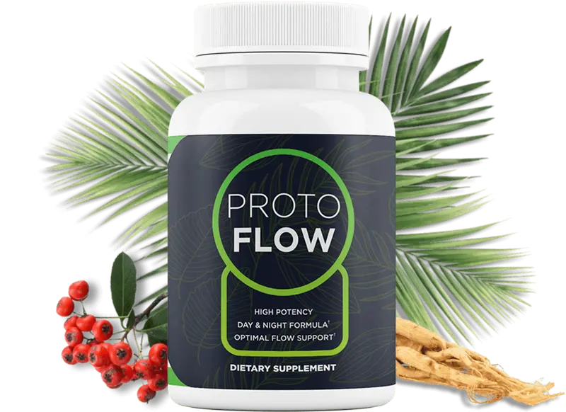 ProtoFlow bottle labeled High Potency, Day and Night Formula, Optimal Flow Support, in front of a palm frond, with red berries and a pale root at its base